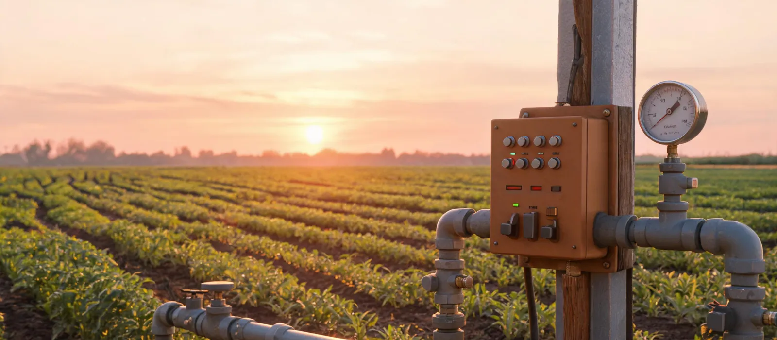 Irrigation control panel beside field pipelines